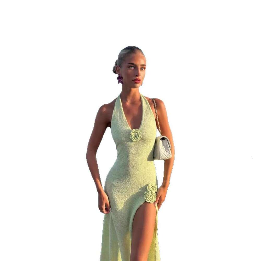 Sexy Hot Girl Vacation Style V-Neck Backless Halter Knitted High Slit Three-Dimensional Flower Design Long Dress B5