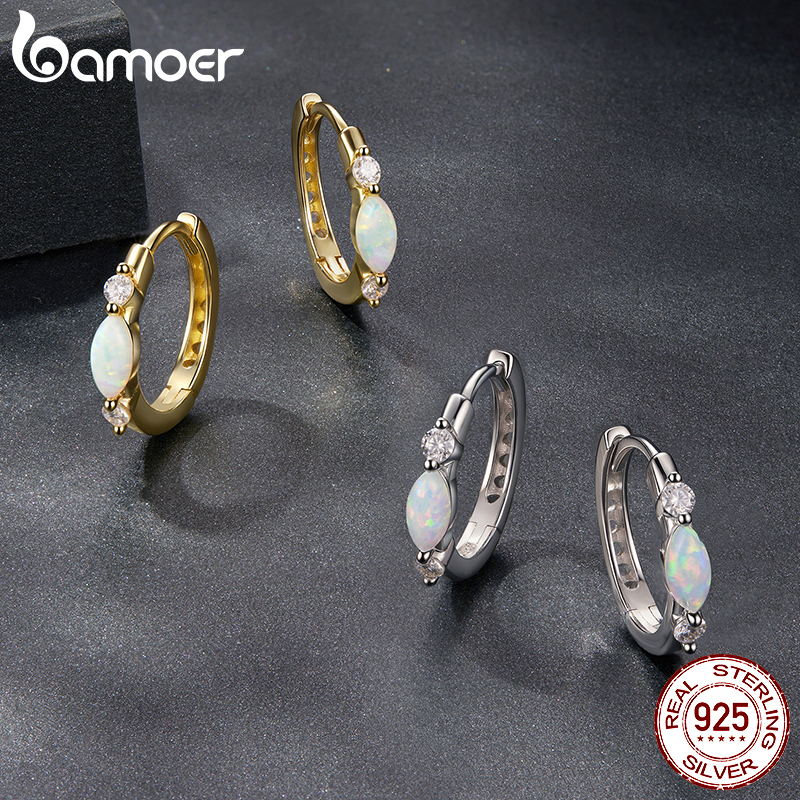 BAMOER Moissanite Hoop Earring 18K Gold Oval Opal Huggie Earrings 925 Sterling Silver Jewelry for Women Hypoallergenic Gift