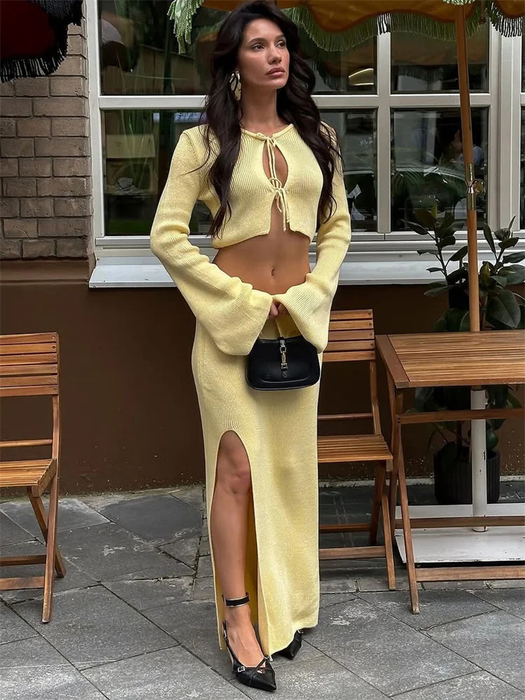 Tossy Summer Casual Holiday Outfits Female Hollow Out Lace-Up Knit 2 Piece-Set Beach Clothes Women Knitwear Long Skirt Sets 2025 250715