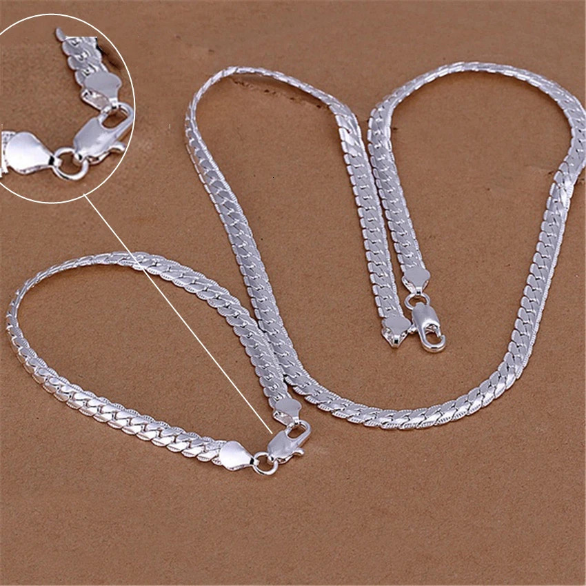 925 Sterling Silver Christmas Gifts European Style 6MM Flat Chain Necklace Bracelets Fashion for Man Women Jewelry Sets S085 250715