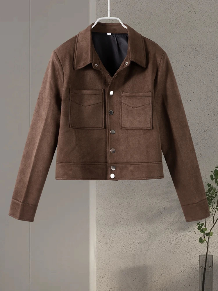 Fashion Brown Suede Jackets Women Lapel Long Sleeve Single Breasted Pockets Coats 2025 Spring Autumn Street Retro Lady Outwears 250715