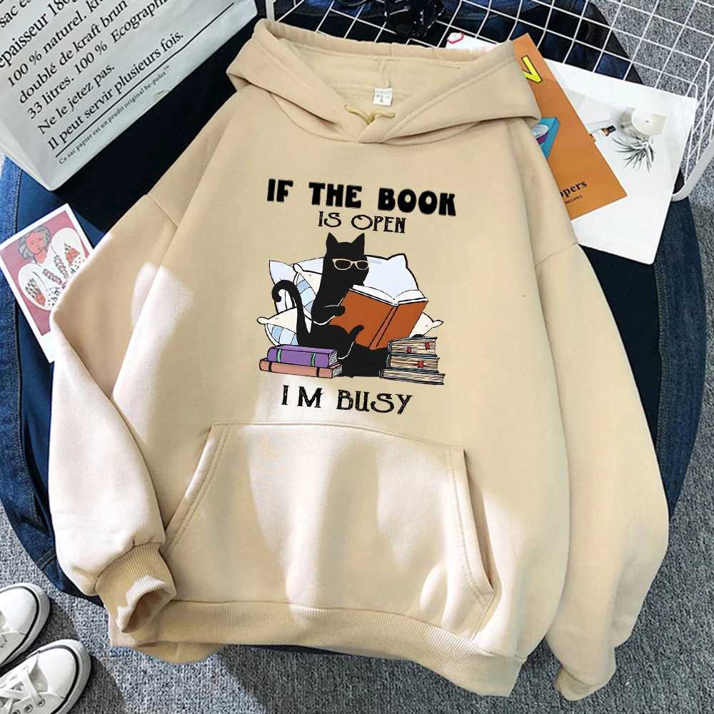 If The Book Is Open Im Busi Black Cat Hoody Women Casual Crewneck Hoodies Fashion Loose Clothes Fce Pullover Sweatshirt XJ250717