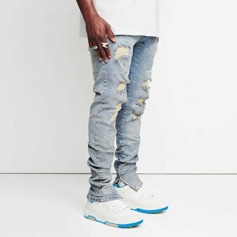 Mens Jeans Slim Cut Hole Leggings Pencil Pants New Mens Painted Jeans Streetwear Mens Full Length Denim Pants X250718