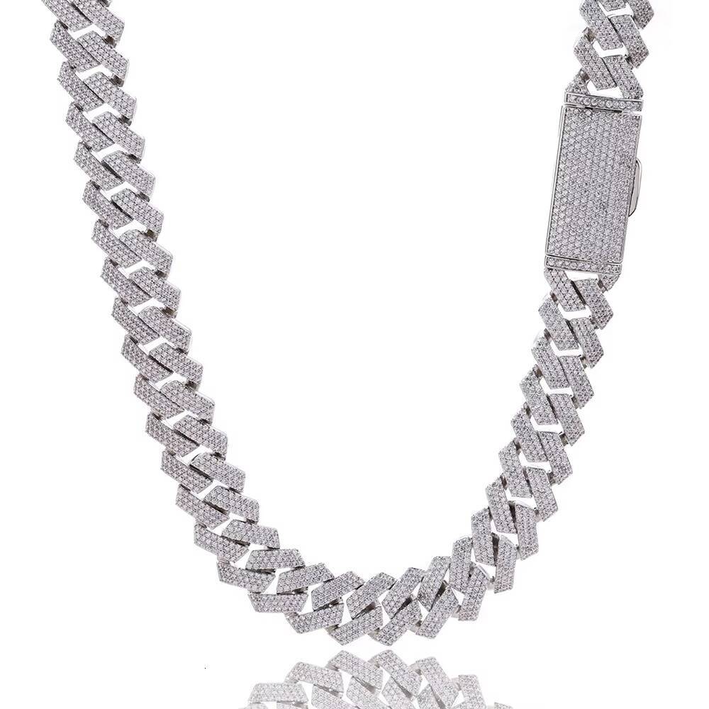 Three Rows Full Diamonds S925 Silver Moissanite Necklace for Men Hip Hop Rhombus Cuban Chain Style