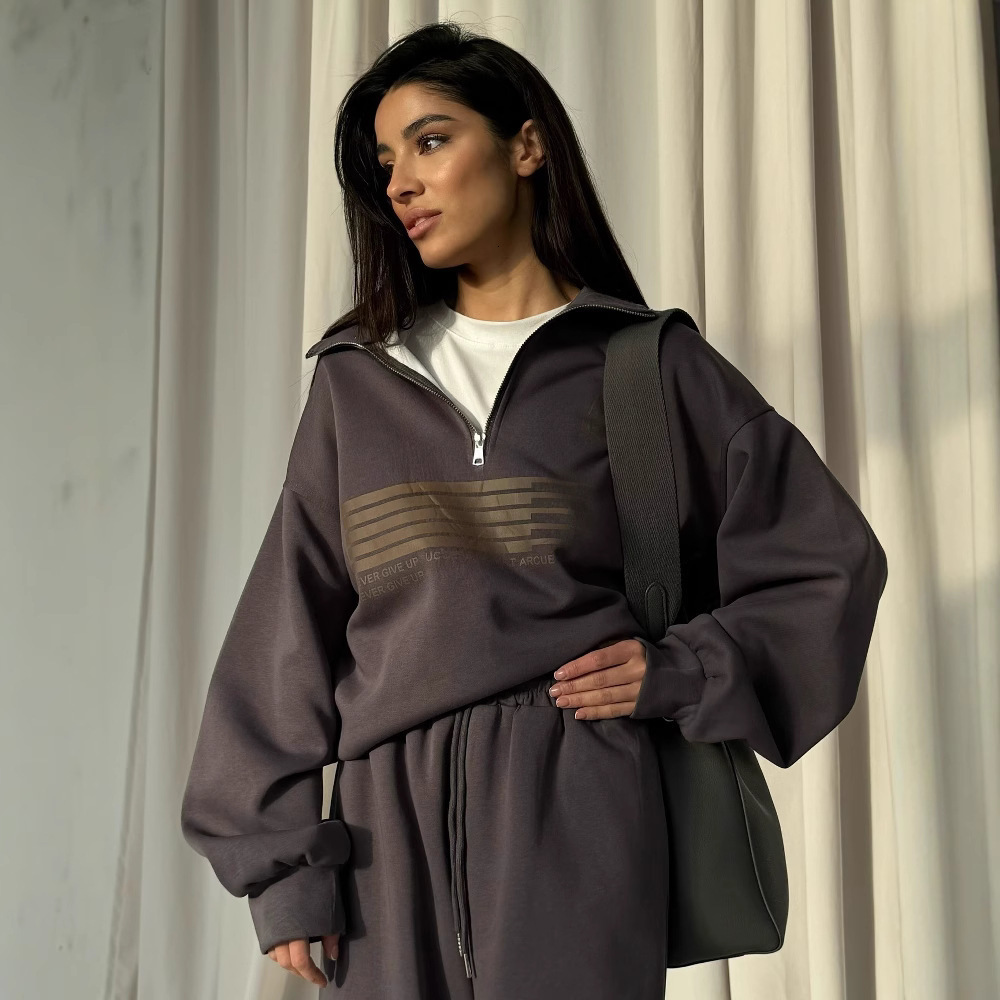 Lazy Sweatshirt Two-Piece Set Casual Turn-Down Collar Half-Zip Bright Color Loose Versatile Sweatshirt Long Pants Spring Autumn 250718