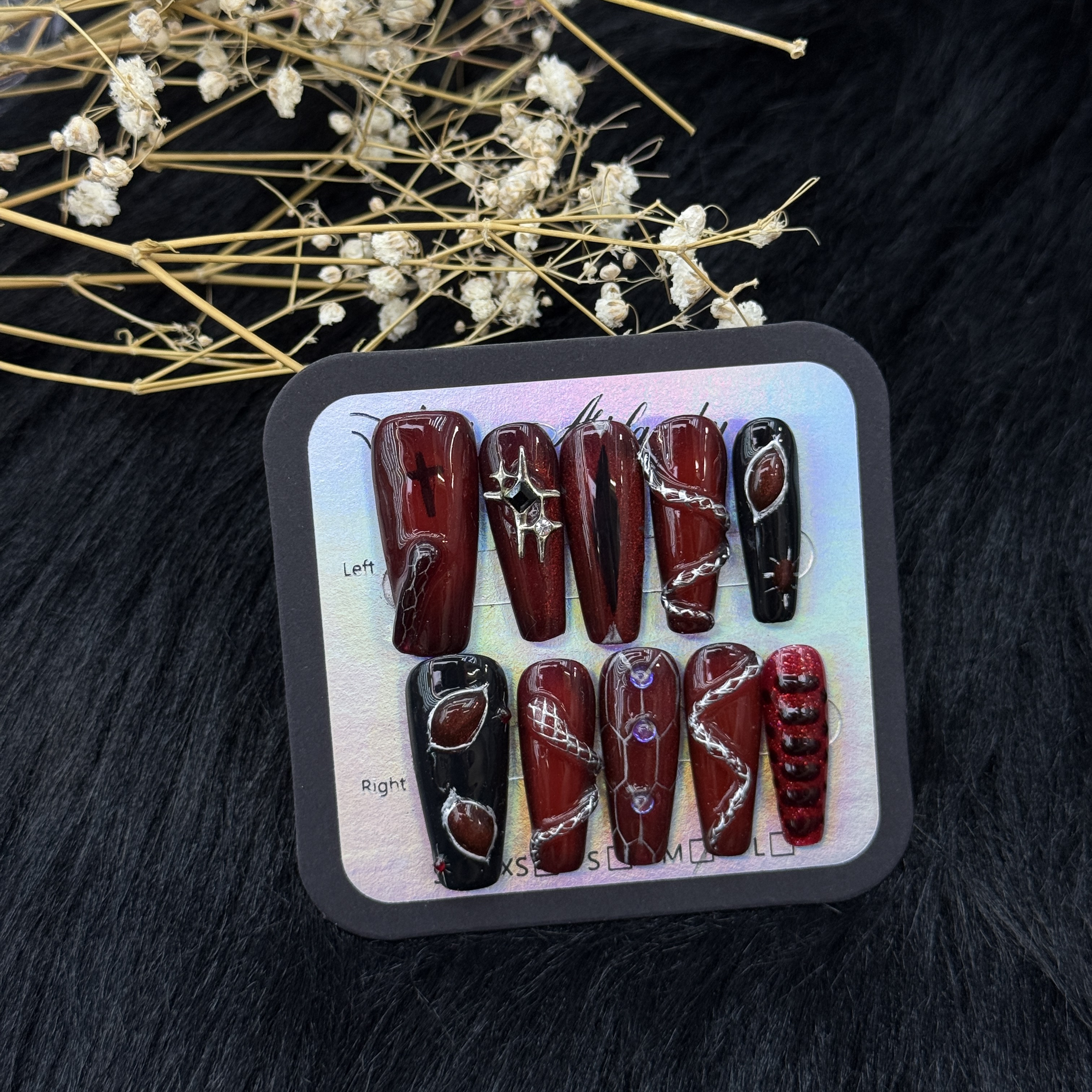 False Nails 10pcs Long Coffin Dark Red Black Gradient Punk Gothic Nail Art with Chain Lines Rhinestones Full Cover Press On DIY Handmade press on nail