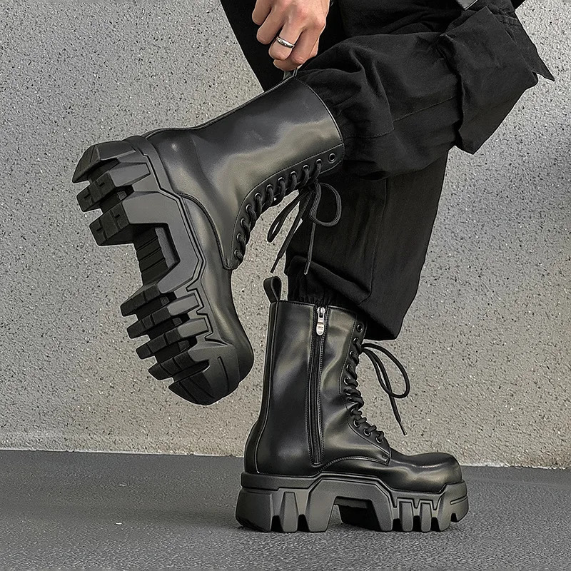 men fashion punk gothic platform boots original leather shoes cowboy high boot black stylish long motorcycle botas mans 250715