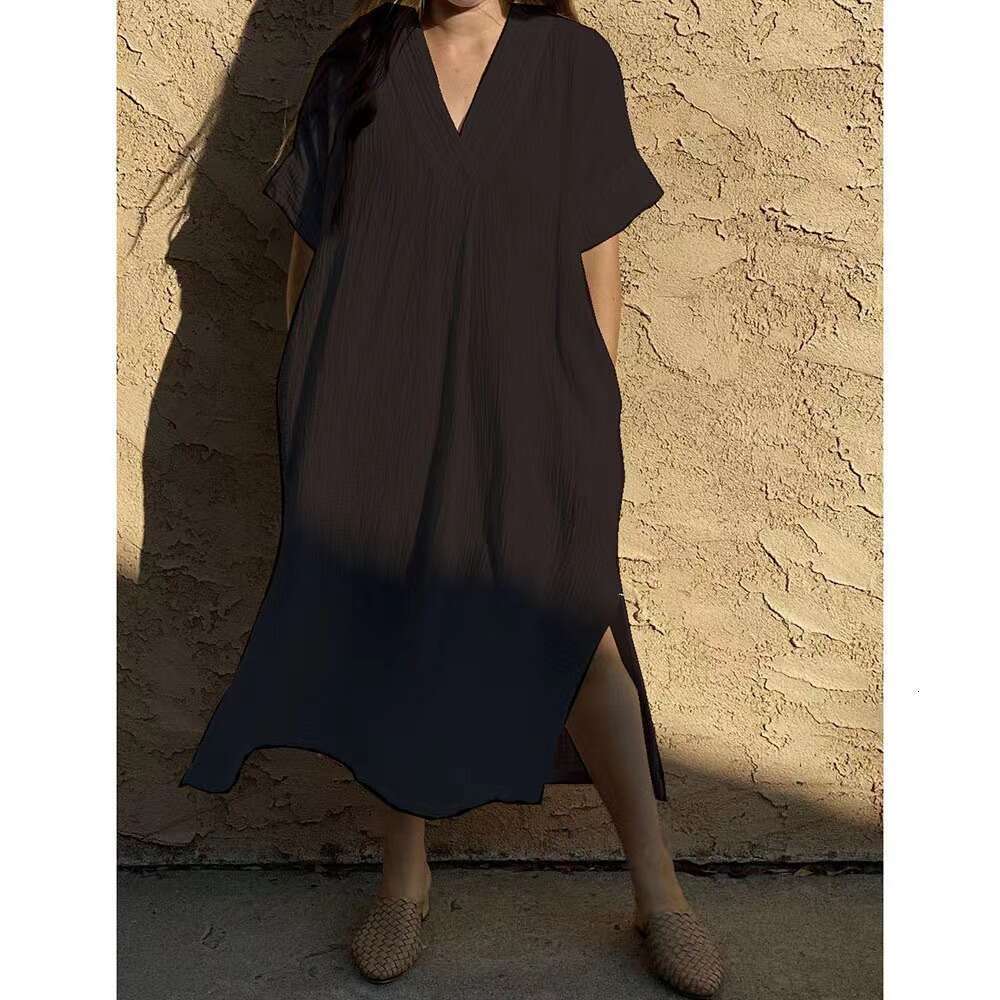 Women's Wrinkled Cotton Rayon Solid Color Minimalist Homewear Dress Beach Cover-Up Sun Protection Shirt B5