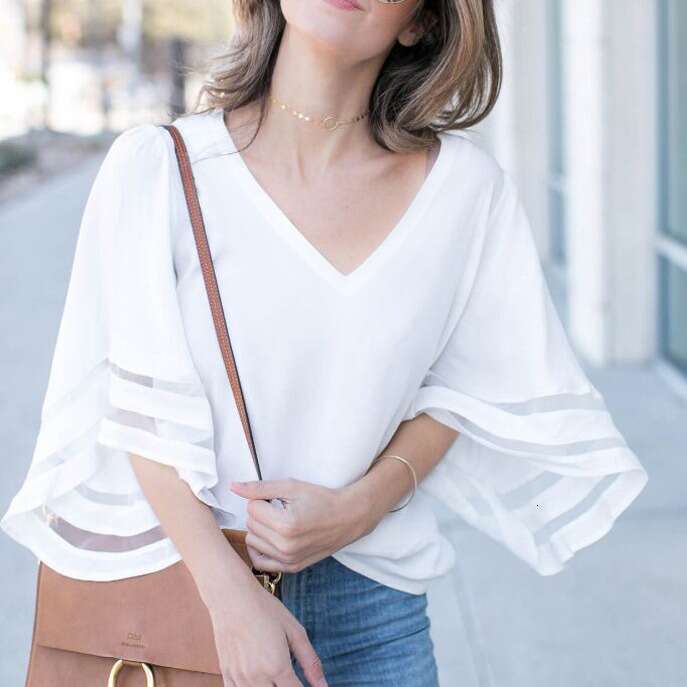 New Loose T-Shirt Slimming Plus Size Top Women's Three-Quarter Bell Sleeve Chiffon Blouse B5