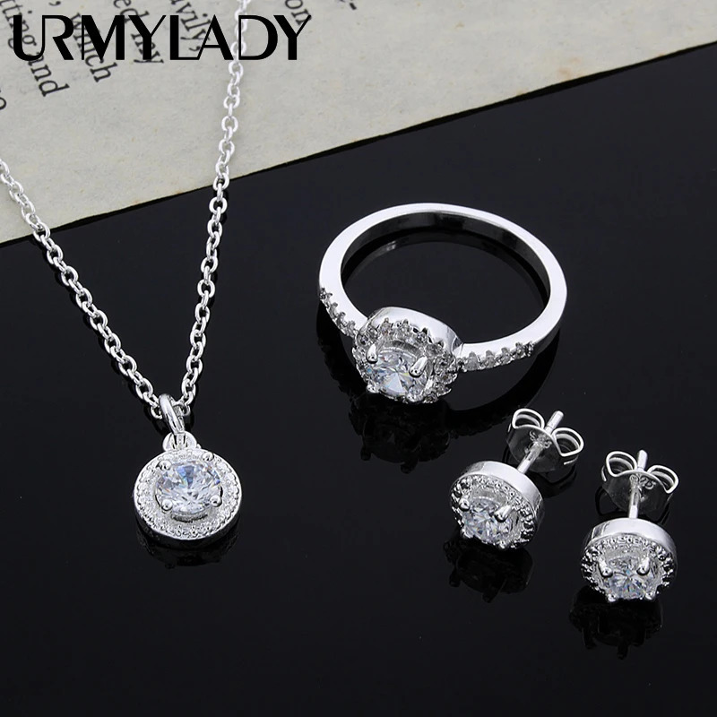 925 Sterling silver Cute Solid Christmas gift fashion elegant women shiny crystal CZ necklace earring ring jewelry Set 250715