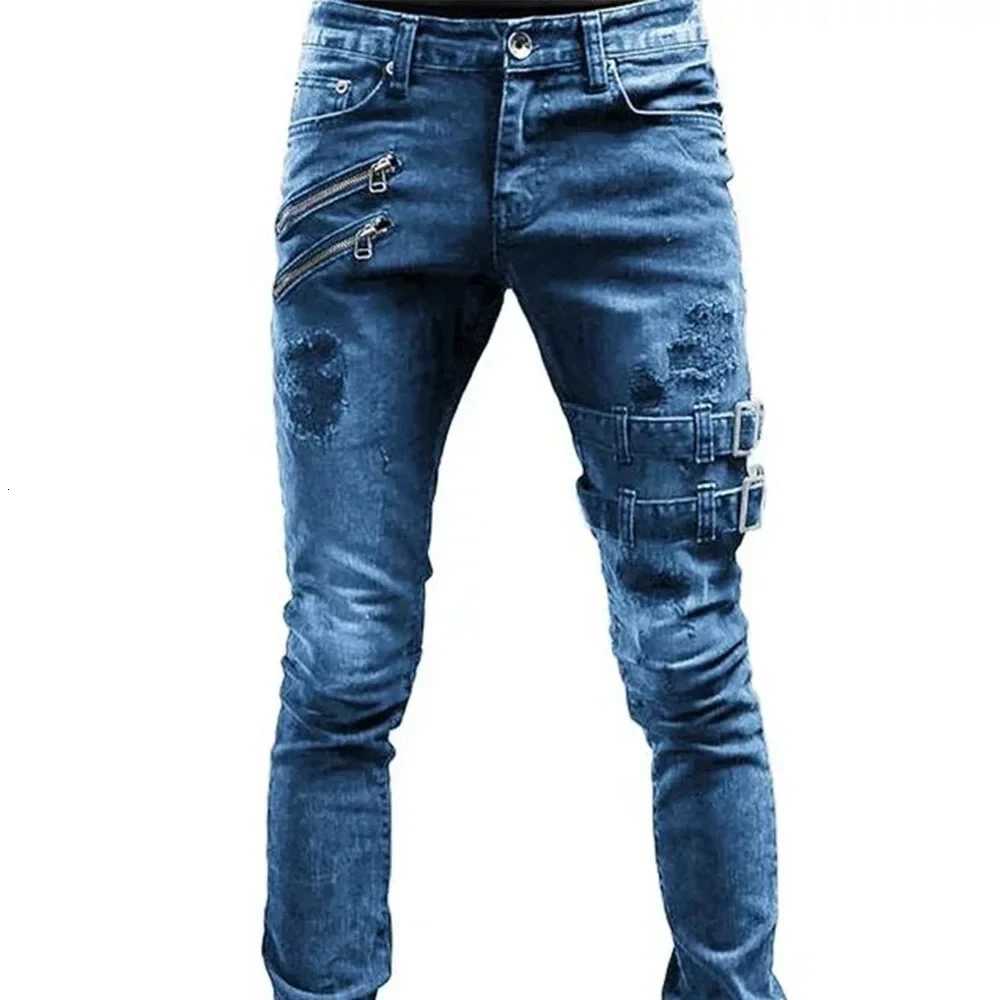Retro Moto Biker Straight Elastic Jeans Men Zipper Hole Streetwear Punk Skinny Denim Cargo Pants Mens Pants Y2K Clothing X250718