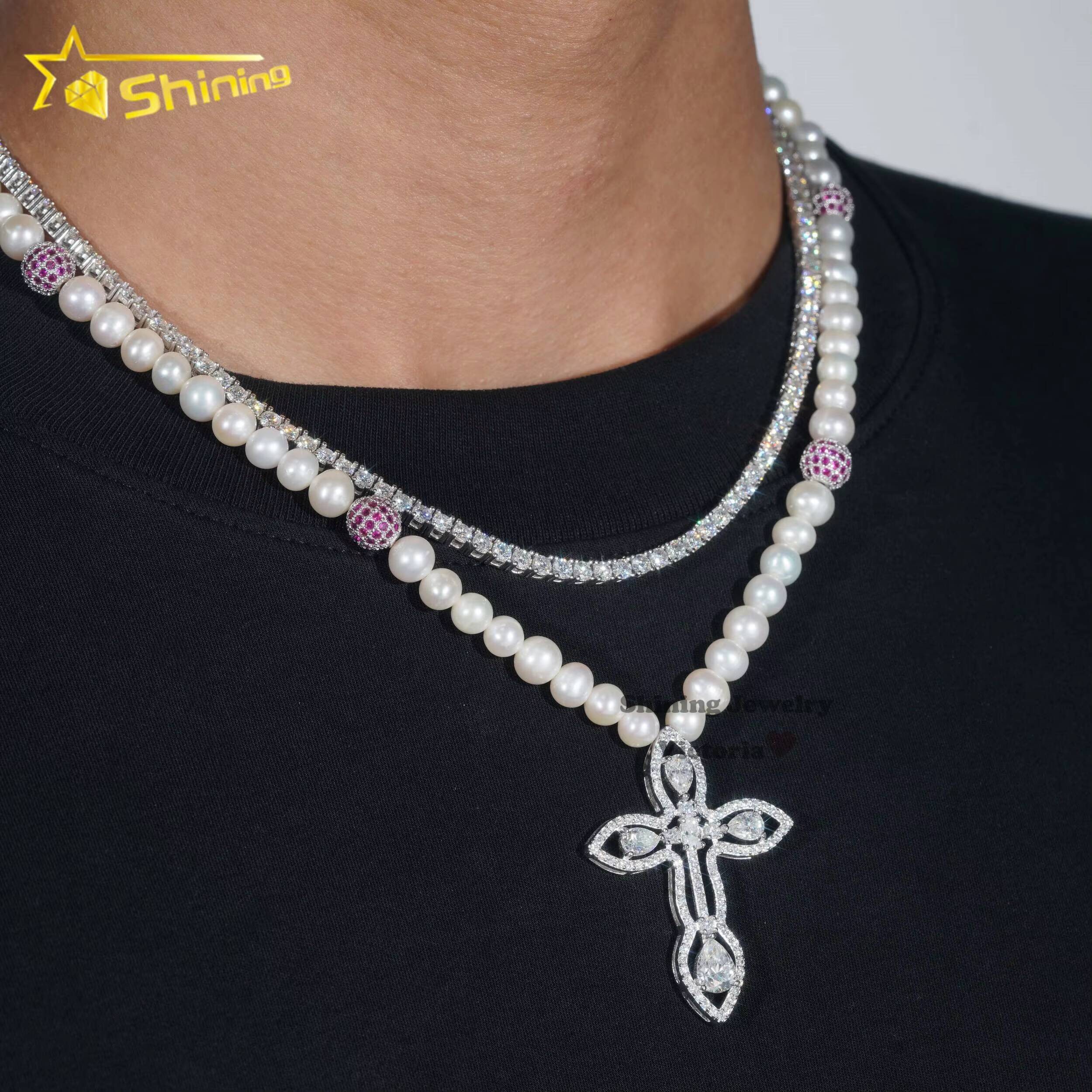 Luxury Men Women Hip Hop Iced Out Fine Jewelry 3MM Lab Diamond 925 Silver Moissanite Tennis Chain Pearl Charm Pendant Necklace