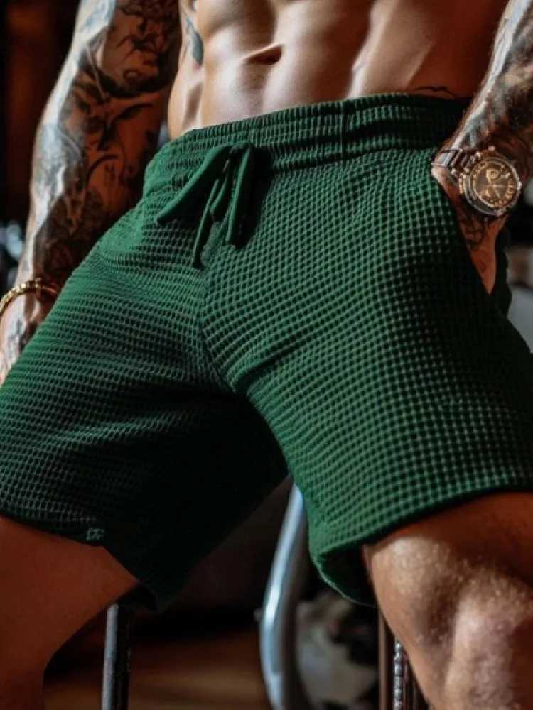 Mens Oversized Stretch Waffle Athletic Fitness Shorts Casual Comfort Daily Basic Elastic Waist Lace-Up Shorts W250718