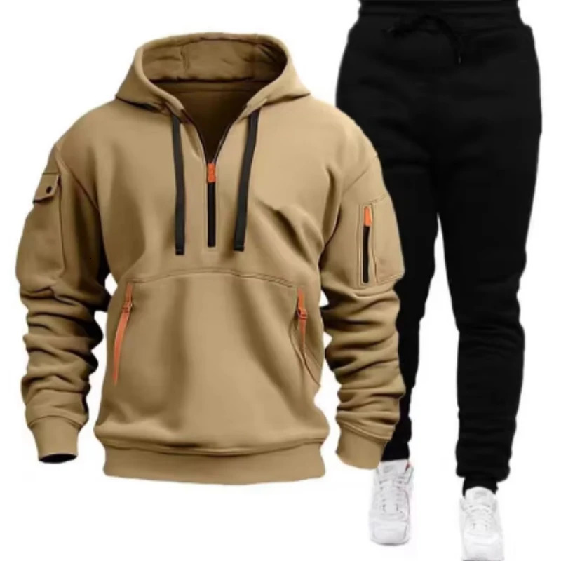 Mens Leisure Sports Pullover Multi Zipper Arm Pocket Hoodie Set Autumnspring Fashion Hoodie Mens Loose Coat Pants Suit 250715