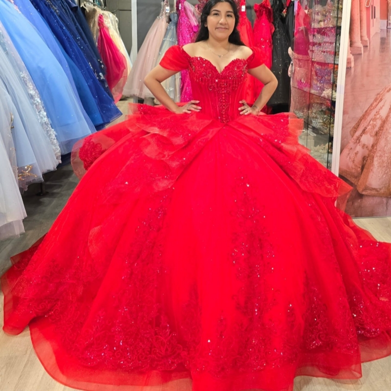 Red Shiny Quinceanera Dresses Ball Gown Off The Shoulder Applique Lace Beading Tull Corset Party Birthday Sweet 16 Dress Vestidos 15 Anos