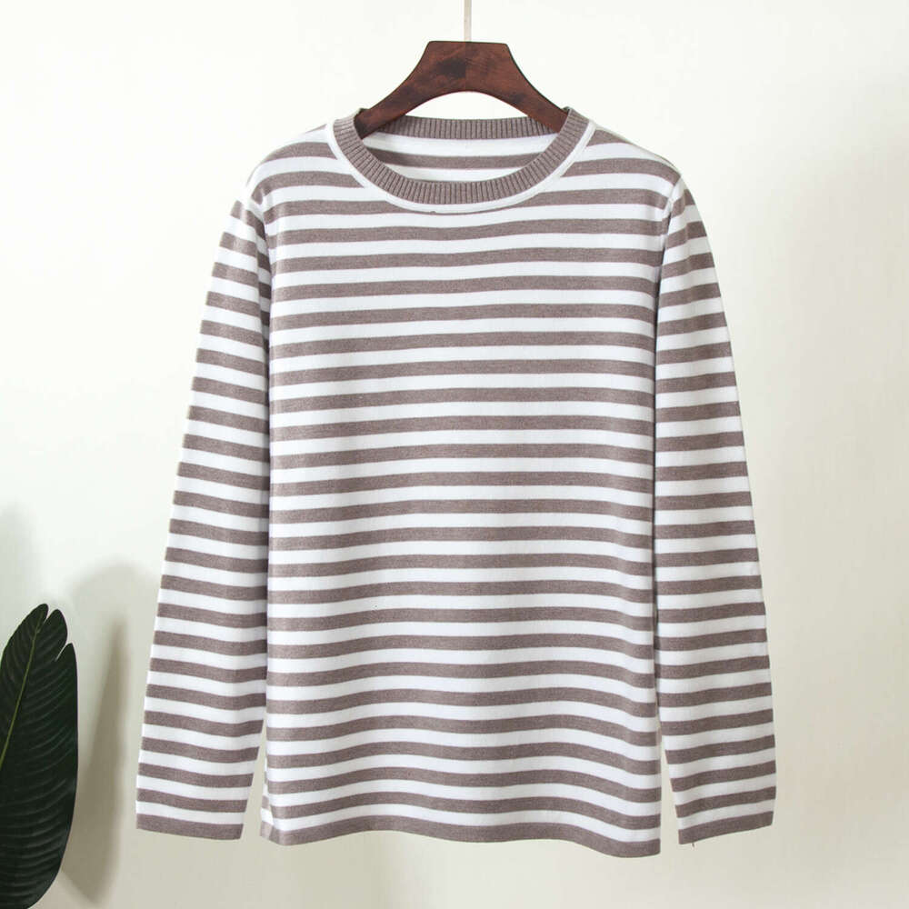 Round Neck Knitted Spring Versatile Classic Striped Pullover Sweater For Women B5