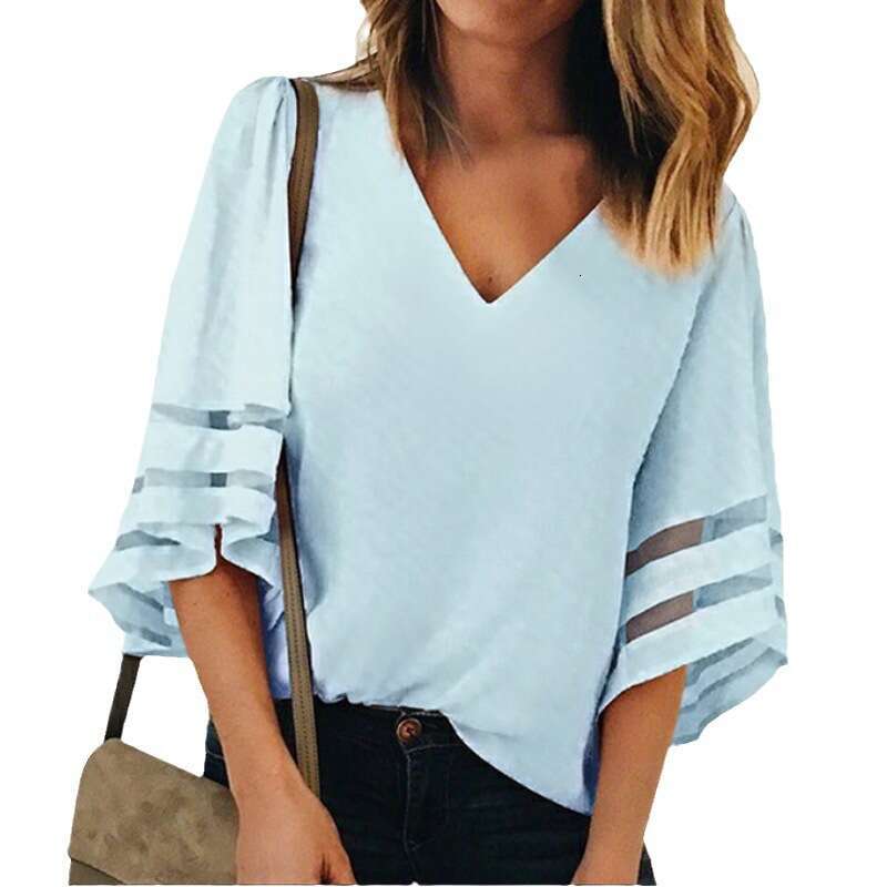 New Loose T-Shirt Slimming Plus Size Top Women's Three-Quarter Bell Sleeve Chiffon Blouse B5