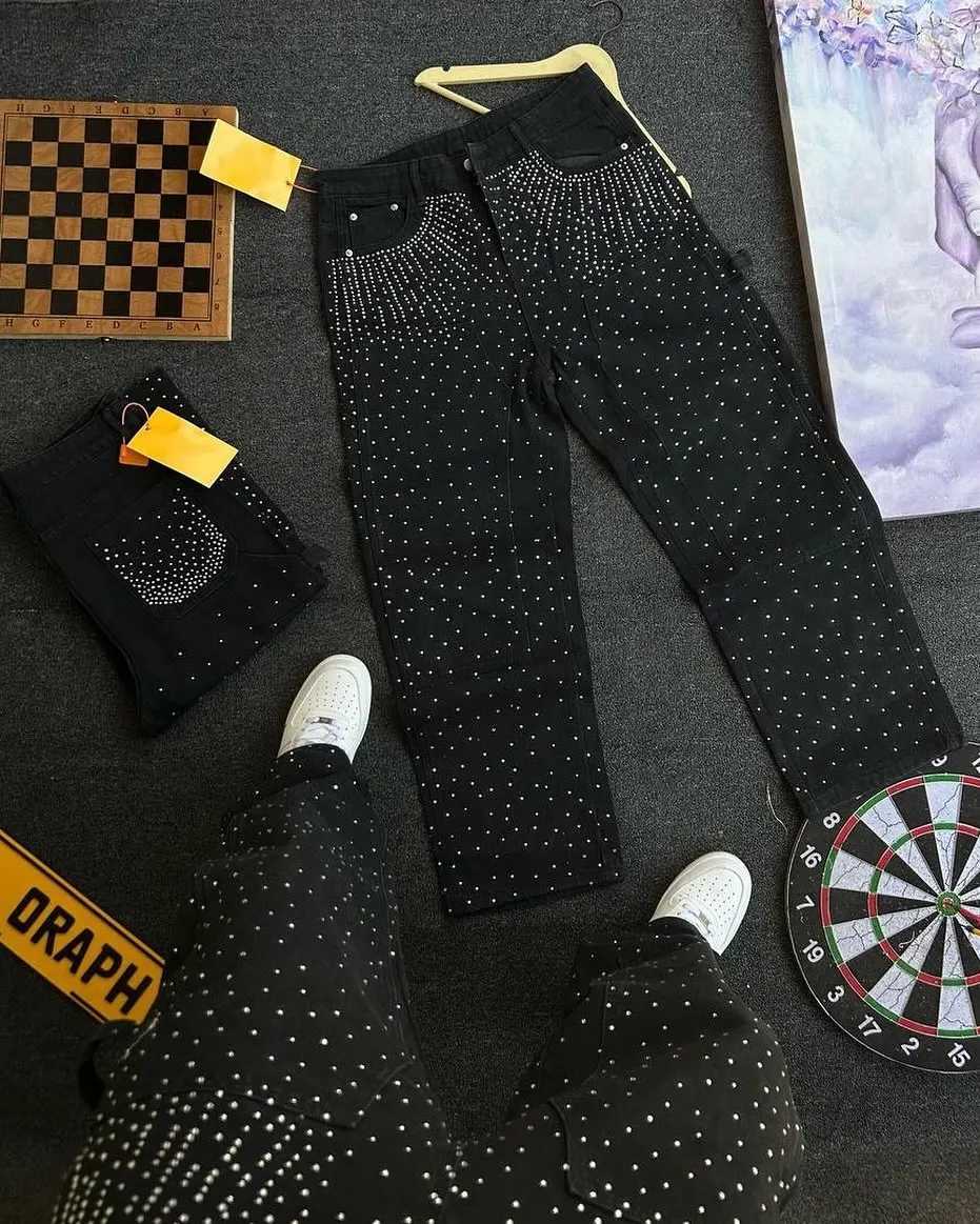 Vintage Rhinestone Sequins Jeans Men Hip Hop Streetwear Pockets Straight Vintage Loose Jeans Low Waist Trousers Women Clothing X250718