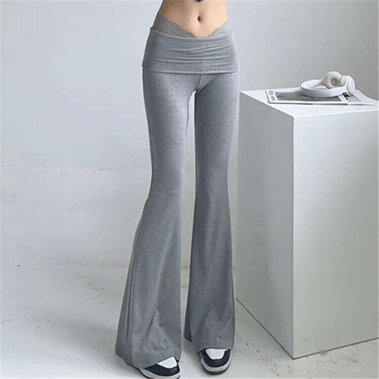 Regular Lace Cuffed High Waist Flared For Women Summer New Slim Fit Hip-Hugging Casual Yoga Fitness Pants B5
