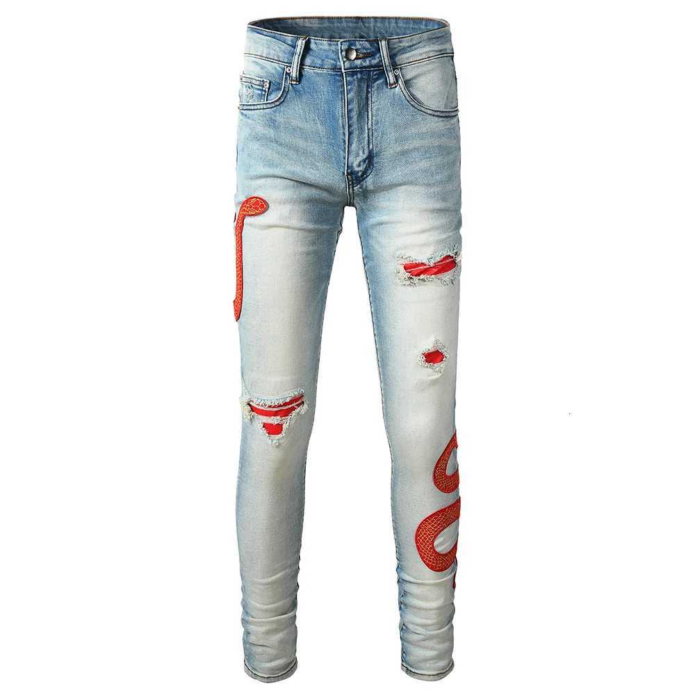 Mens Snake Embroidery Skinny Jeans Streetwear Red Leather Patch Pants Holes Ripped Distressed Denim Tapered Trousers X250718