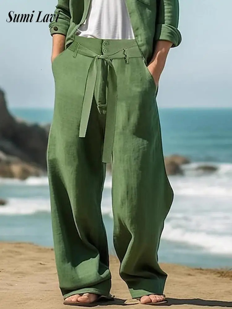 2025 Spring Summer Leisure Breathable Pants Mens Seaside Beach Casual Solid Color Linen Trousers Men Fashion Lace-up Losoe Pants 250715