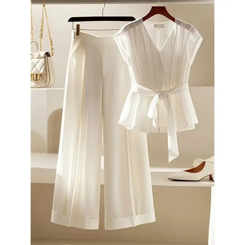 Summer Fashion French Style V-neck Lace up Slim Blouse Top StylishThin Wide Leg Pants White Two Piece Sets Women Outfits 250714