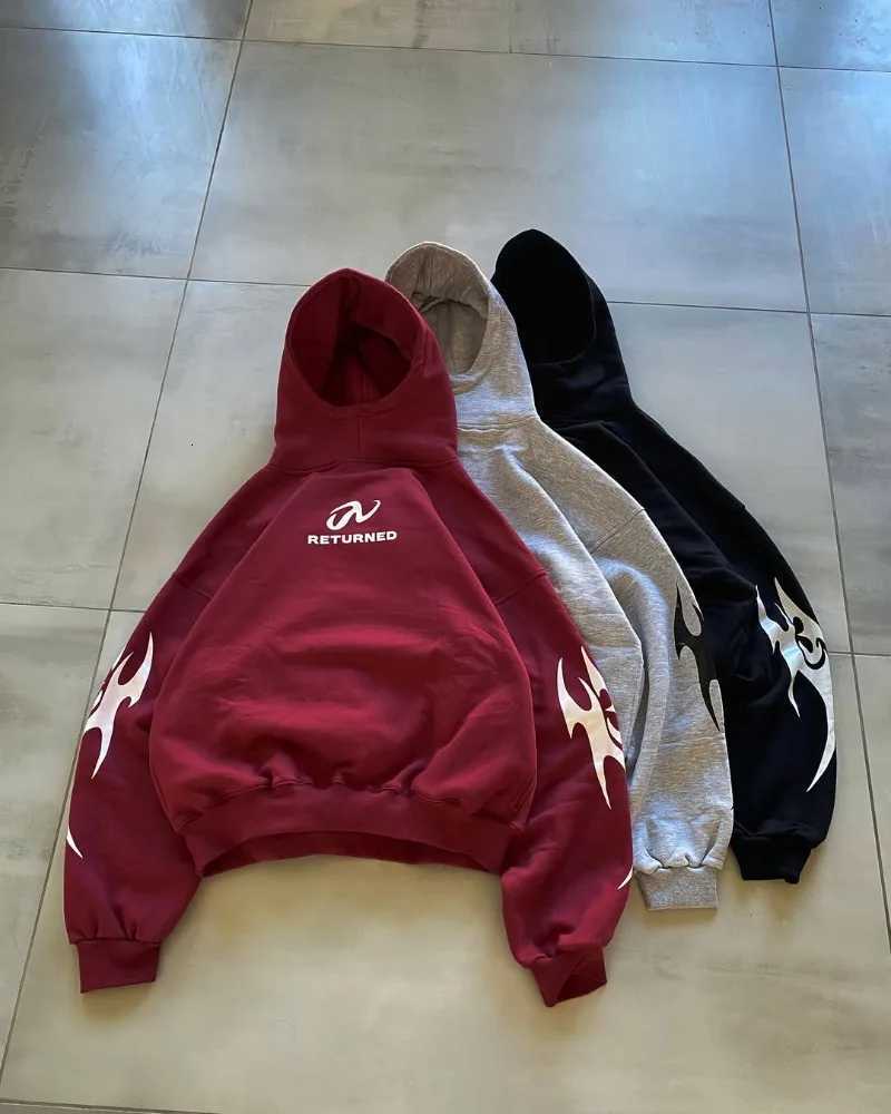 Retro street style Y2K flame pattern printed fashionable oversized casual hoodie American gothic trend punk couple loose hoodie X250718