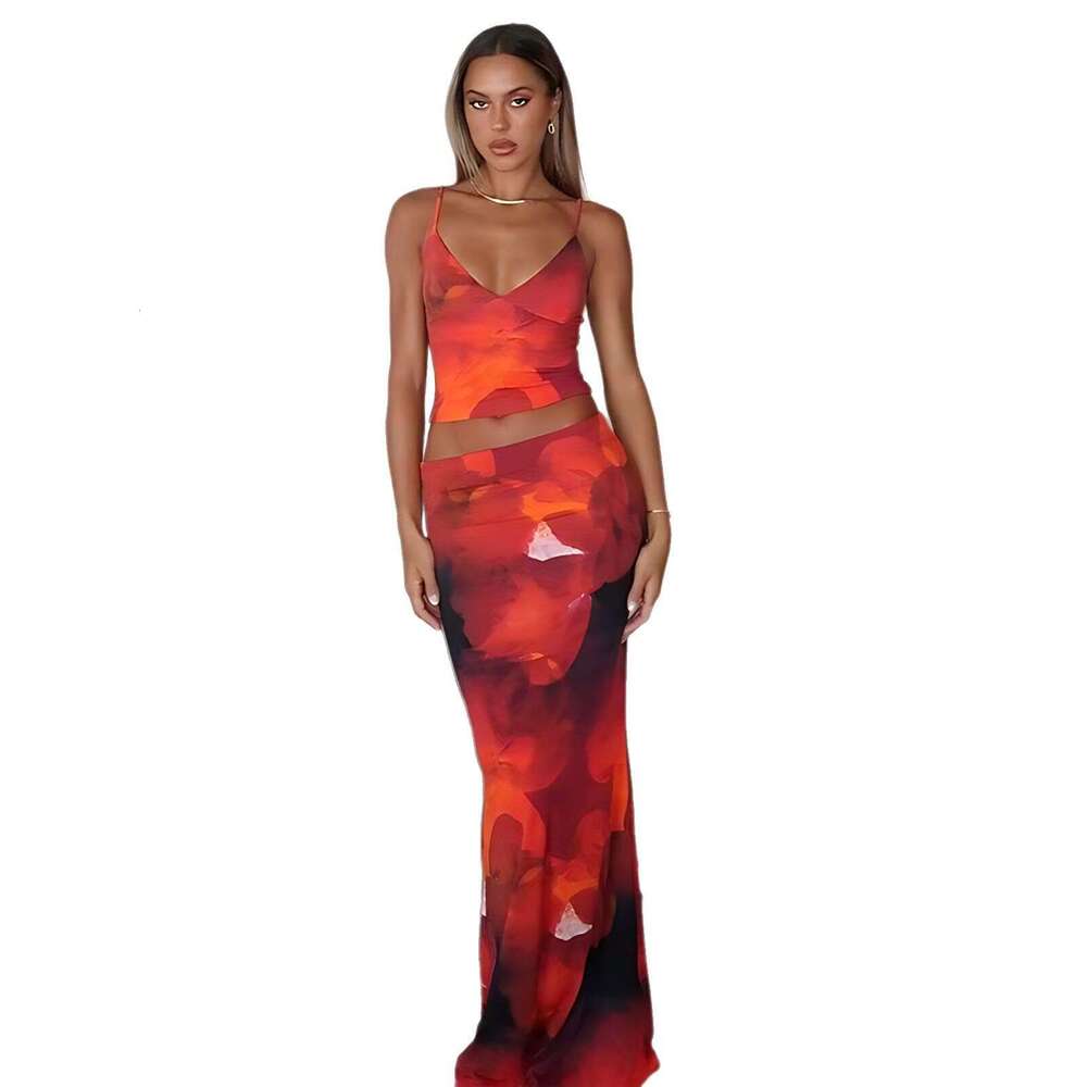 Women's Vacation Style Hot Girl Sexy V-Neck Strap Polyester Printed Slim Fit Skirt Set B5