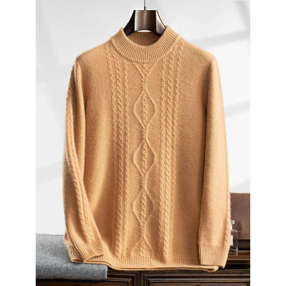 High Quality Men's 100% Cashmere Sweater Mock Neck Pullover Autumn Winter Thick Long Sleeve Soft Warm Knit Clothing Korean Tops