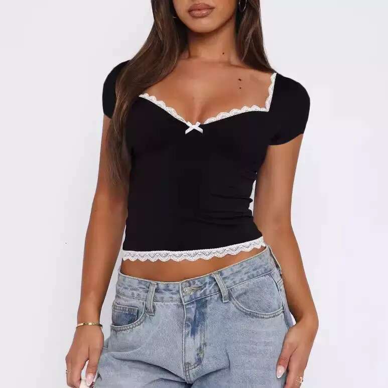 American Style Lace Square Neck Short Sleeve T-Shirt For Women Summer Slimming Versatile Basic Top B5
