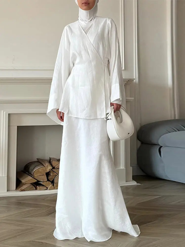 Casual Long Sleeve V Neck Shirts Long Skirt Suit Chic Solid Lace Up Shirt A Line Skirt Set for Women 2025 Lady 2 Pcs Outfits 250715