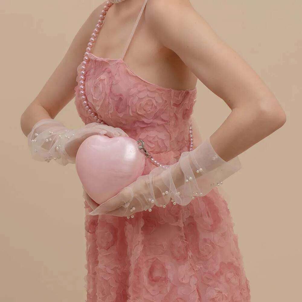 Women Acrylic Mini Marble Pink Small Heart Evening Clutch Bag With Beaded Strap For Wedding Party Purse And Handbag