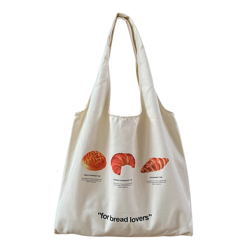 Women Canvas Shoulder Bag Bread Print Cotton Canvas Shoulder Bags Student Large Capacity Books Tote Lady Eco Cloth Handbag Purse 250717