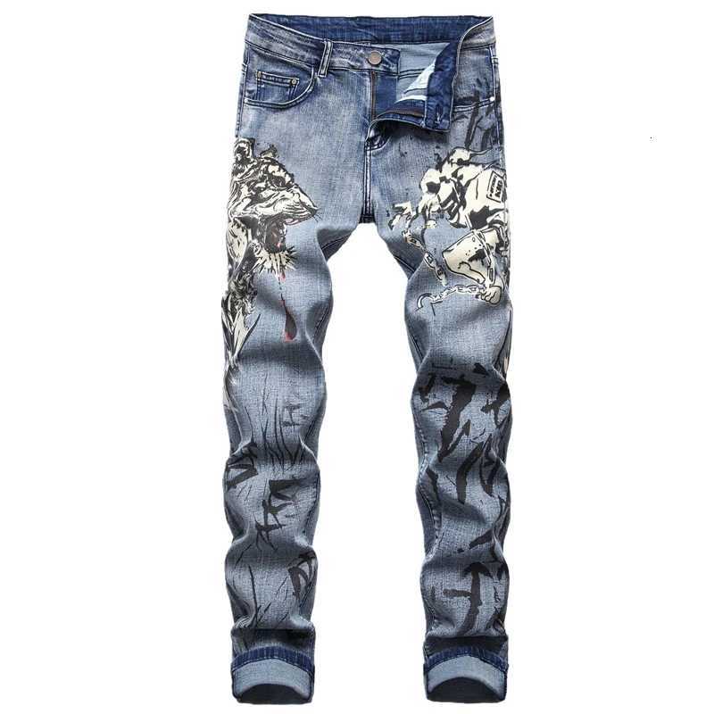 Blue Men 3D Printing Jeans Denim Black Wolf Pattern Printed Punk Straight Cotton Casual Print Denim Pants Asian Size 28-42 X2507181