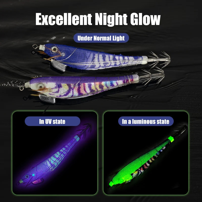 LEYDUN Luminous Squid Jig Wood Shrimp Egi Purple Deep Sea Cuttlefish Hanchi 5pcsset Fishing Lures Saltwater Baits 250708