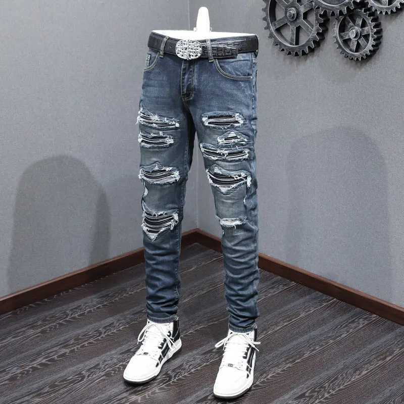 Designer High Street Fashion Jeans Stretch Slimming Washed Deep Blue Jeans Black Leather Patch Hip Hop Brand Pants Hombre X250718
