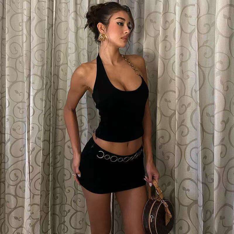 Sweet Cool Spicy Girl Set Metal Ring Halter Neck Short Vest Bodycon Skirt Royal Sister Style Party Outfit B5 g7