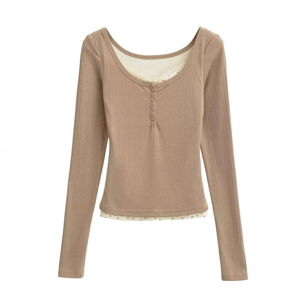 Fake Two-Piece Long Sleeve T-Shirt For Women Autumn Hot Girl Pure Desire Slim Lace Design Base Shirt Inner Wear Top B5