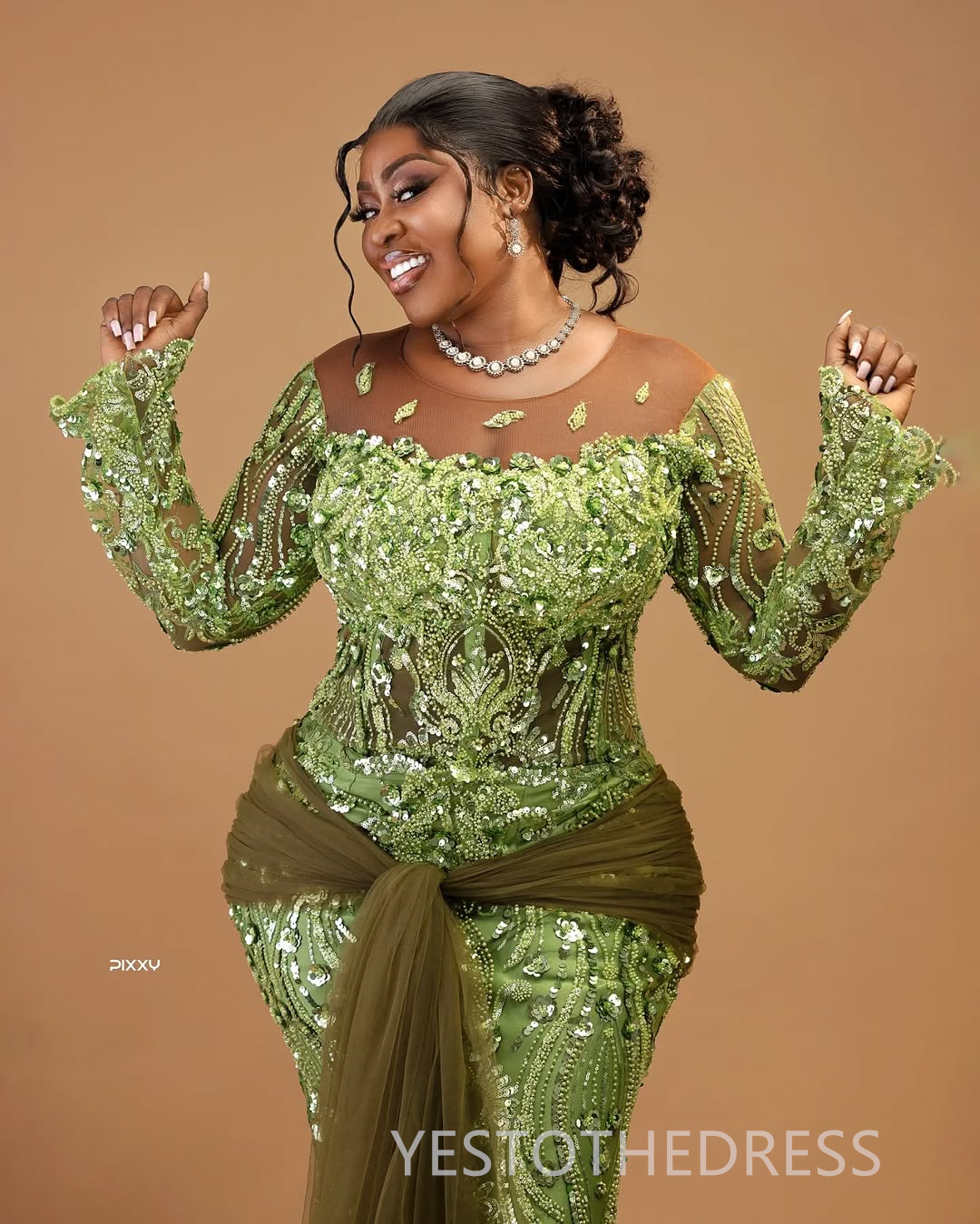 2025 Plus Size Green Aso Ebi Prom Dress Mermaid Prom Dresess Evening Formal Gowns Sheer Neck Beaded Lace Birthday Second Reception Gown For Black Wome