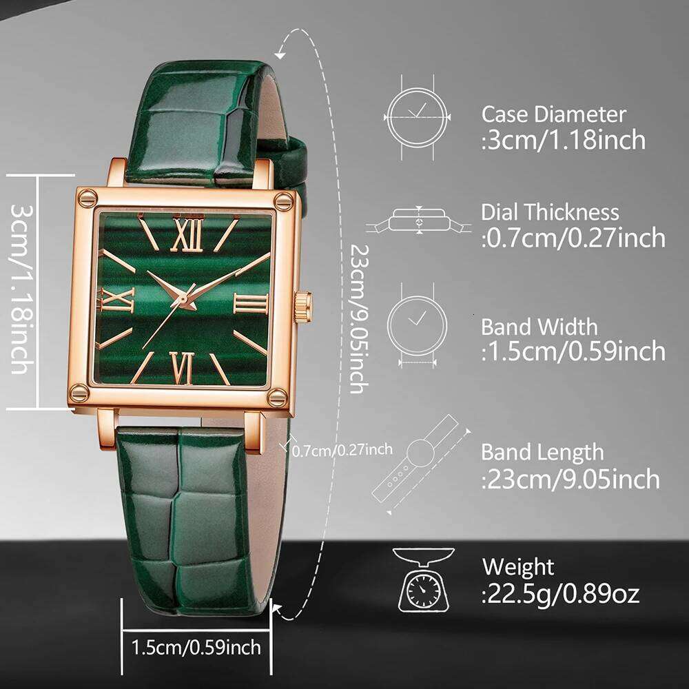 free shipping 9PCS Green Women's Fashion Trend Simple Rectangular Dial Quartz Watch Bracelet Necklace Earrings Set Perfect Gift free