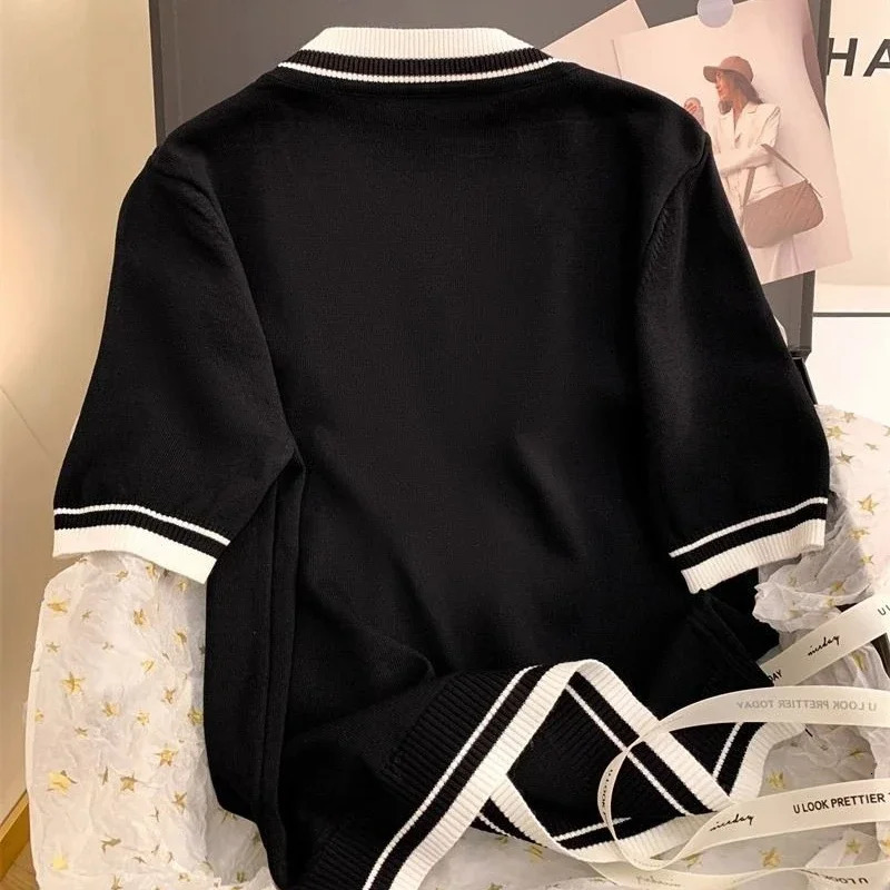 Ice Silk O-neck Beaded T-shirts Fashion Sweet Knitted Short Sleeve Tee Shirt Summer Loose Black Tops Women 250718