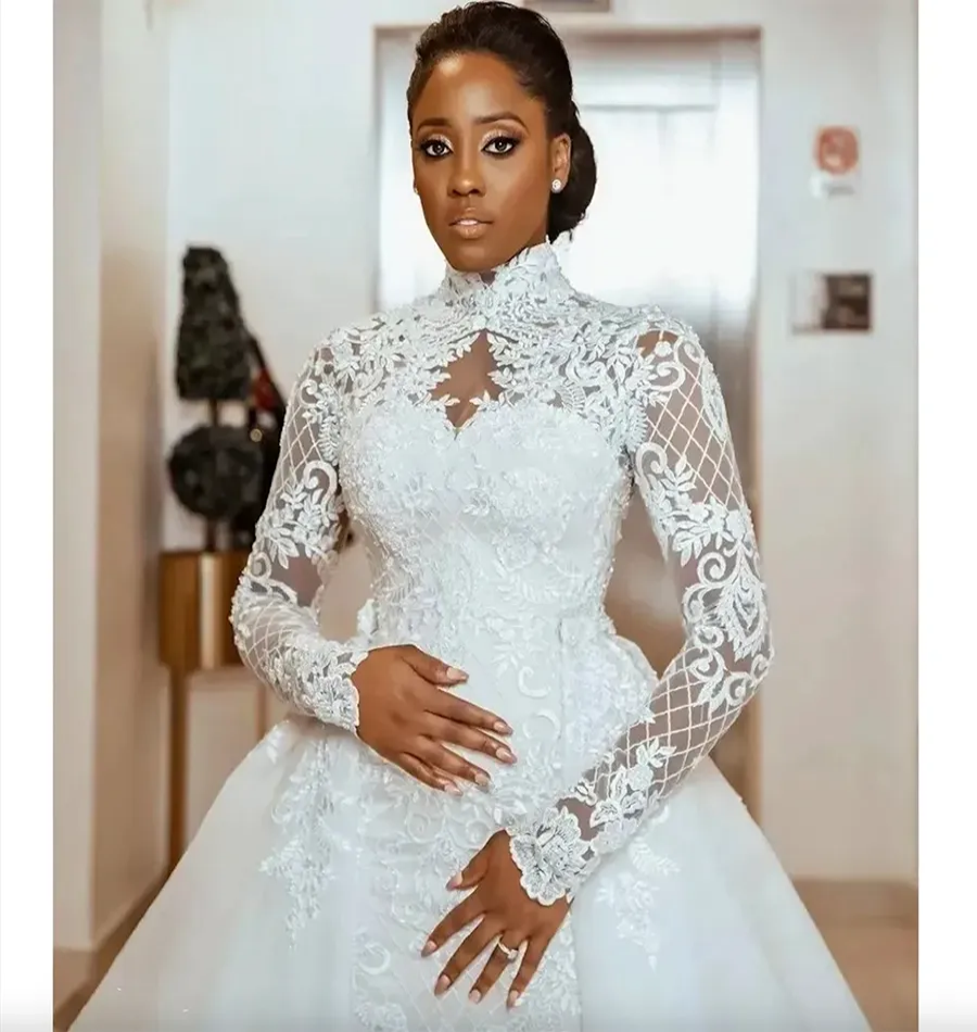 Plus Size Mermaid Wedding Dress Arabic Aso Ebi Sheer Neck High Bride Dress Long Sleeves Gowns Dresses African Arabic Charming Train Formal Bridal Gown