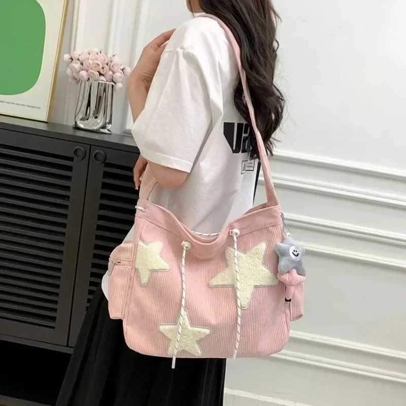 2025 New Niche Design Handbag Cute Star Womens Shoulder Bags Student Large Capacity Commuting Tote Corduroy Solid Crossbody Bag XJ250718