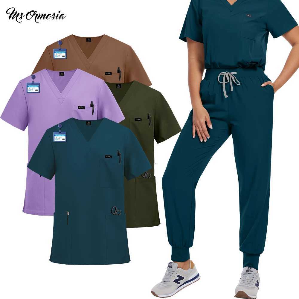 Summer Elastic Anti-wrinkle Surgical Uniform Dentist Clinical Uniform Men Womens Jogger Suit Medical Scrub Top Pant With Pocket Z250718