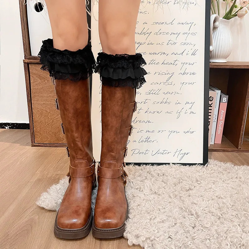Vintage Lace Boots Socks Leg Warmer Japanese Women Y2K Lace Knitted Winter Warm Cotton Blends Leg Cover Socks Cuffs Accessories 250717