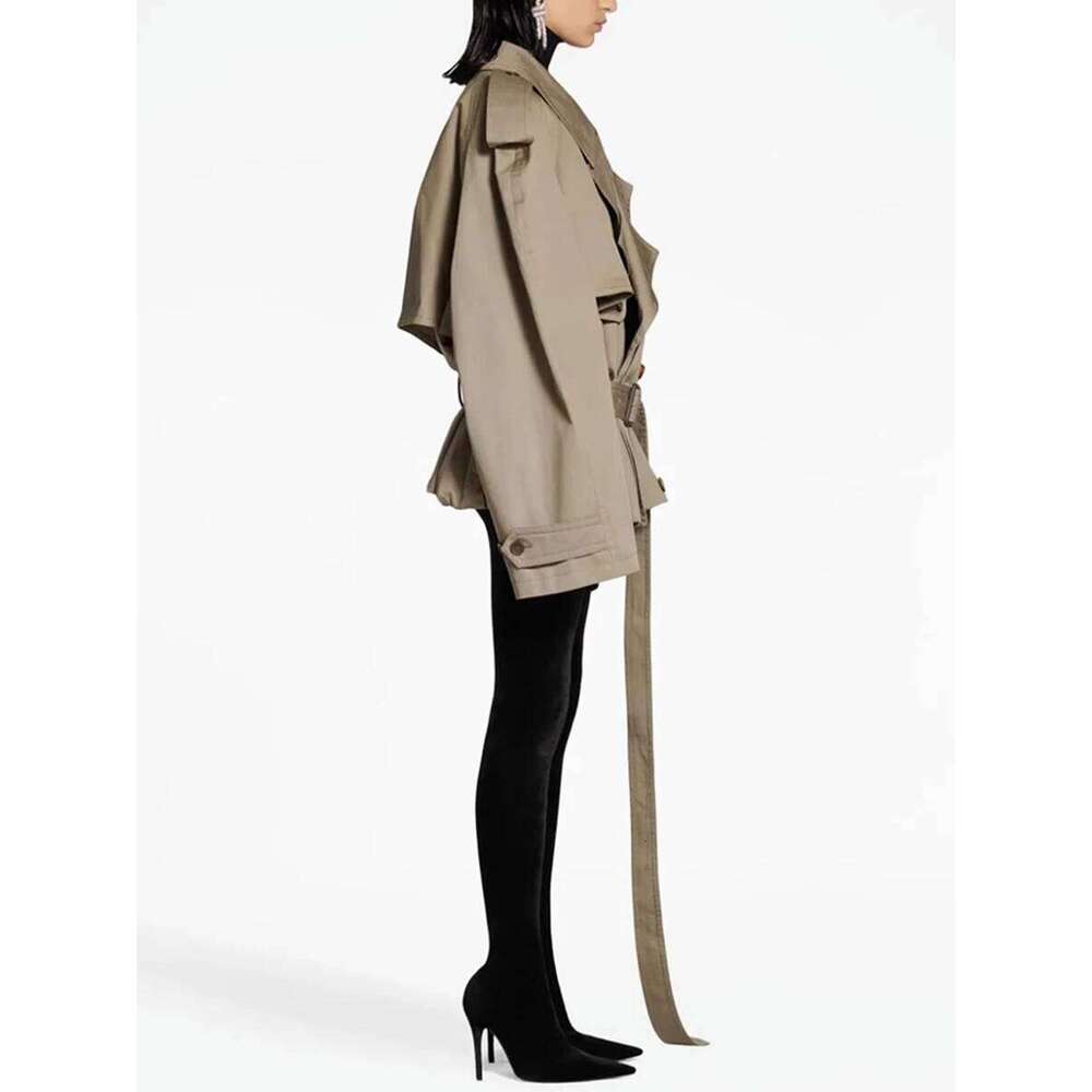 CHICEVER Oversize Spliced Lace Up Jacket For Women Lapel Long Sleeve Patchwork Double Breasted Casual Short Trench Female Autumn