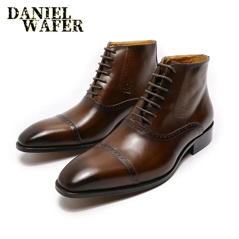 Fashion Mens Ankle Boots Formal Dress Leather Shoes Western Cowboy Style Lace-Up Casual Brown/Black Boots for Men 250715