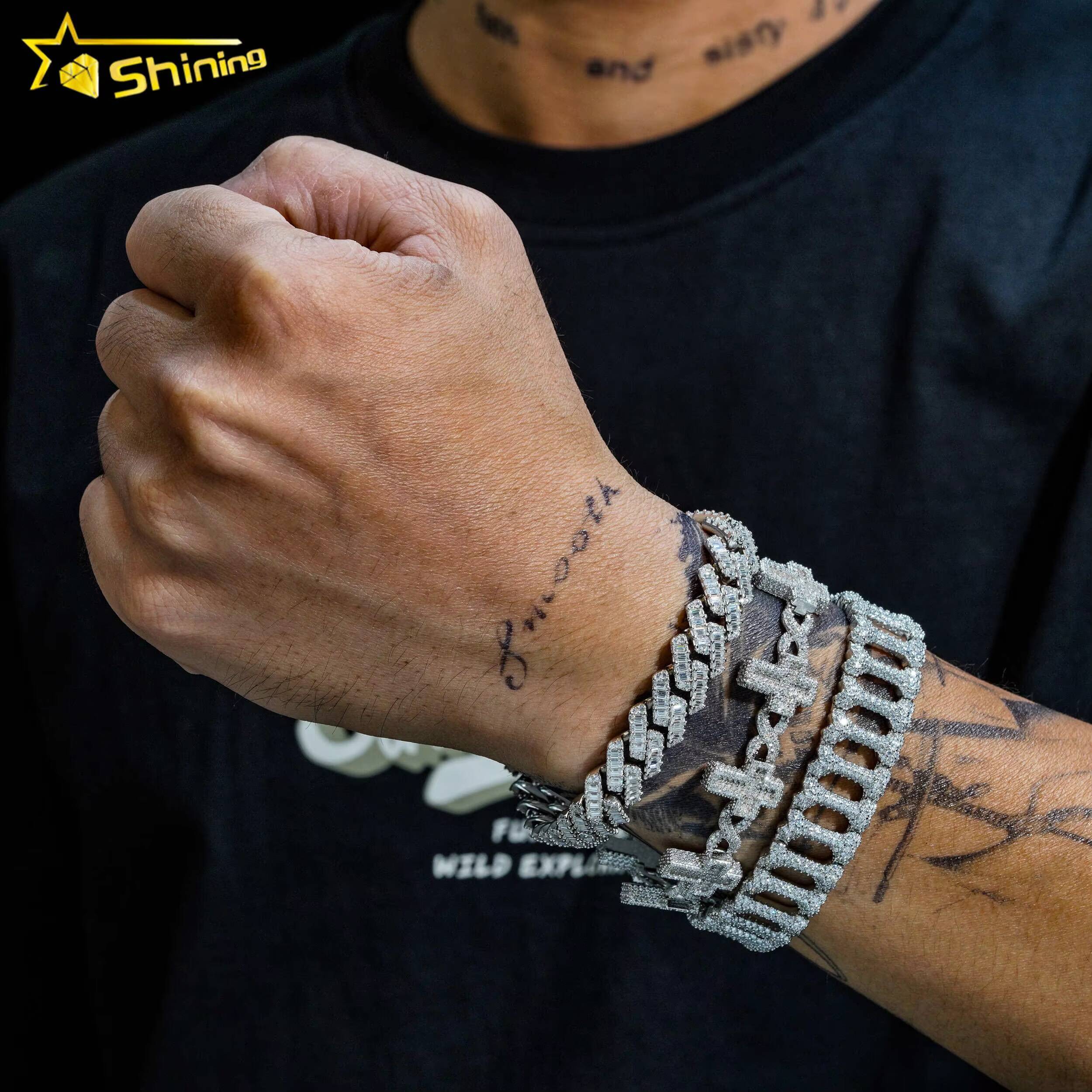 High Quality Luxury Bling Baguette Diamond 12MM 925 Sterling Silver Cuban Link Chain Moissanite Cuban Bracelet