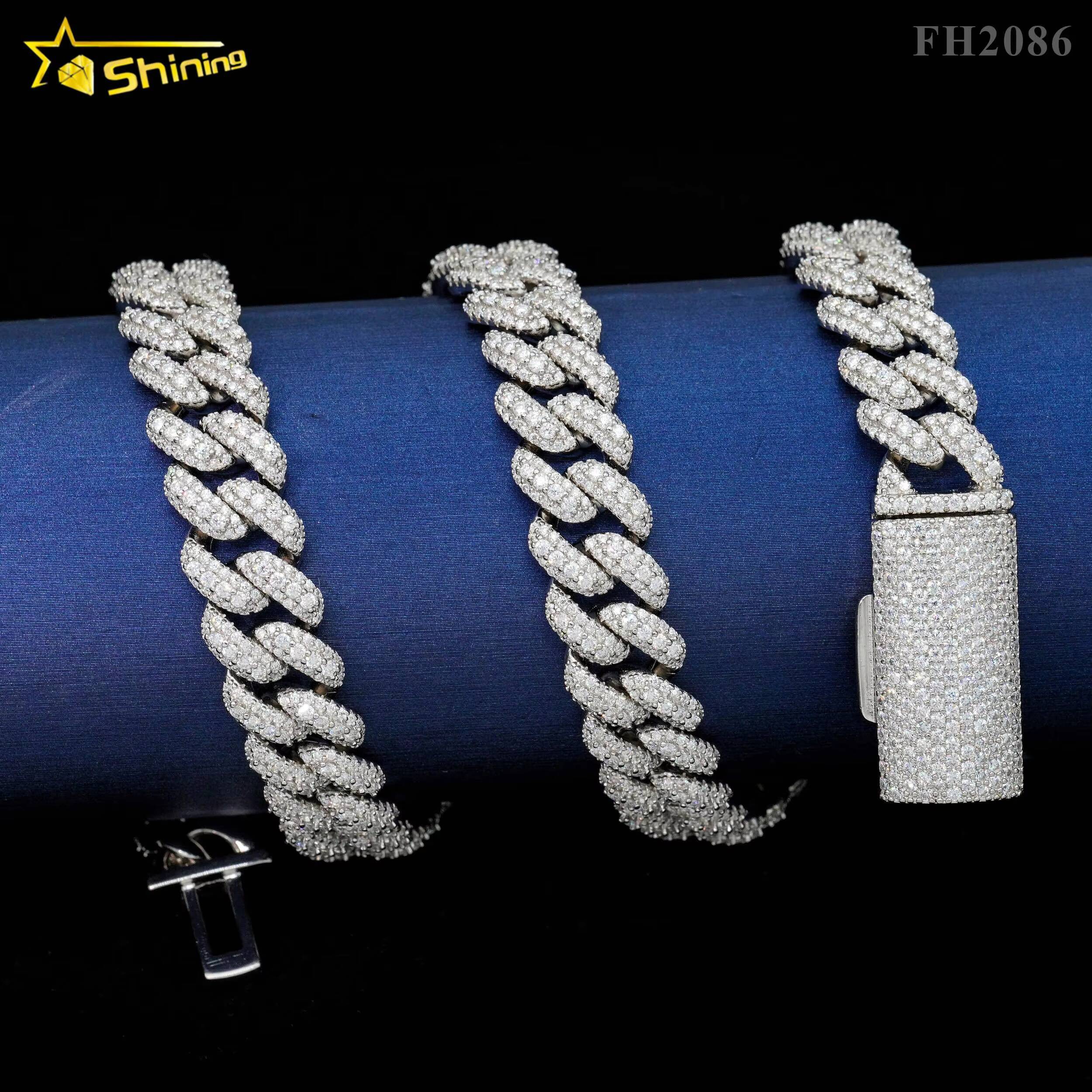 Pass Diamond Tester 12MM 3 Rows Moon Shape Hip Hop Necklace Moissanite Silver Cuban Link Chain