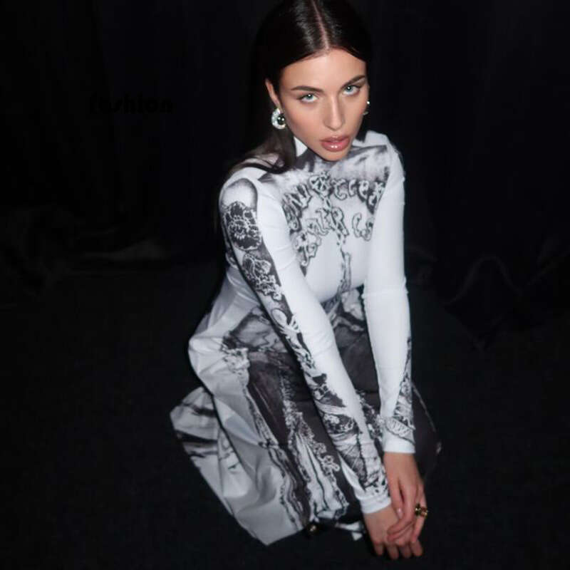 Autumn New Women's High Neck Sleeve Black Printed Halloween Dress Long Style B5 g7